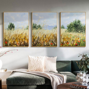 纯手绘油画客厅沙发背景墙装饰画现代轻奢三联画麦浪挂画立体触感