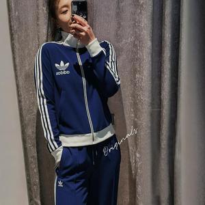 adidas阿迪达斯运动套装女休闲情侣三叶草立领外套男三条杠长裤子