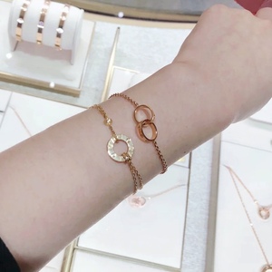 cartier/卡地亚 18k玫瑰金 love双环 手链 无钻链条 手环手镯女士