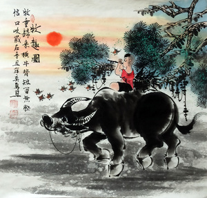 名家手绘真迹斗方招财牧牛牧童吹笛童子骑牛牧趣图书房玄关装饰画