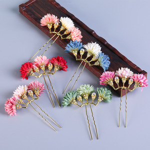 宋制发饰绢花头饰 汉服配饰珍珠排簪五排钗 花朵发簪古风花球发钗