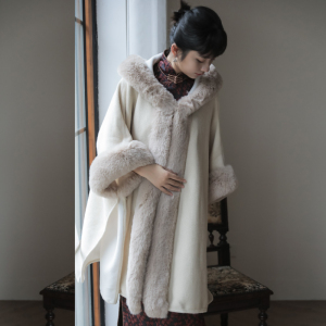 茉茉秋冬季民国复古日常纯色保暖大衣式连帽斗篷外套旗袍外搭雪羽