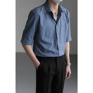 ZPZ韩版修身5五分短袖衬衫男装夏季上衣潮流条纹半袖中袖免烫衬衣