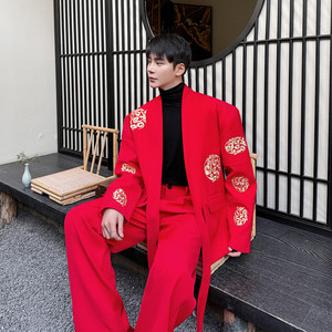 新中式男士新郎装红色敬酒服秀和服新款唐装汉服国风无领西装套装