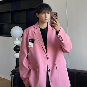 韩国ins宽松禁欲系休闲粉色西装男雅痞复古西服外套青年单西上衣