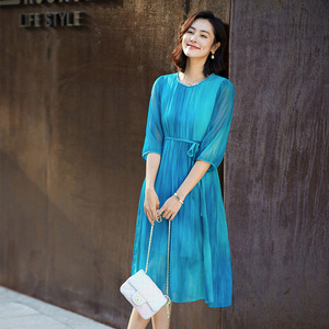 真丝连衣裙女法式轻奢系带中长款100%桑蚕丝高级感钉珠蓝色薄纱裙