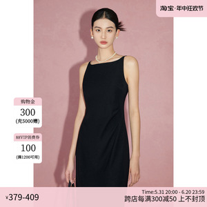 MandyZhang黑色法式一字领吊带连衣裙女夏气质高级感礼服小黑裙子