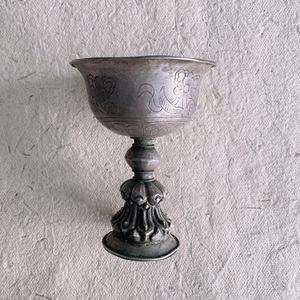 藏传文玩老的手工银酥油灯雕刻精美藏式收藏酥油灯供奉烛台供灯台