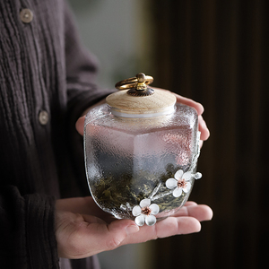 日式锤纹玻璃茶叶罐锡花密封干果花茶储物罐普洱茶罐子家用透明