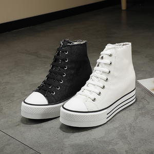 jim iijin隐形内增高女鞋秋季新款帆布系带真皮厚底休闲高帮鞋7cm