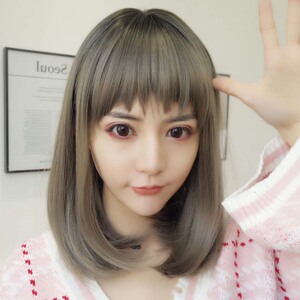 假发女长直发中长发 韩国内扣蓬松修脸头套蓬松奶奶灰齐肩假发套