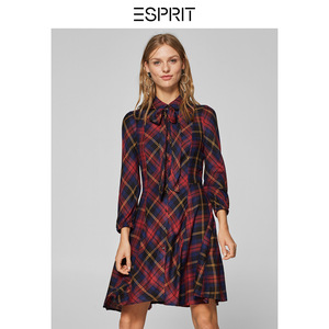 ESPRIT EDC女装秋新款冰丝系带格子衬衫领长袖连衣裙-