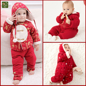 拉比童装装冬季新生婴幼儿衣服宝宝拜年服唐装马甲中国风连体衣服