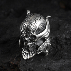 希然 男士牙狼盔甲戒指925纯银手工厚重霸气日本地狱魔王骷髅指环