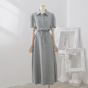 4U4U 灰色中长款卫衣裙女2024年夏季新款通勤气质纯色短袖连衣裙