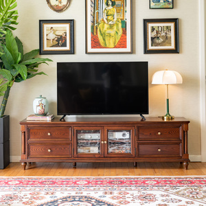 和年美家美式全实木复古2.2m马克电视柜黑胡桃色客厅家具储物地柜