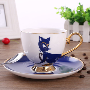 欧式咖啡杯骨瓷蓝色 插画 奢华 礼盒装送挂耳咖啡鸟语花香 蓝狐杯
