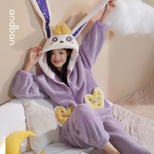 安之伴珊瑚绒睡衣女冬款可爱兔子保暖连体服加绒加厚雪花绒家居服