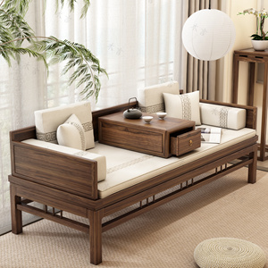 新中式罗汉床全实木小户型老榆木伸缩推拉两用沙发客厅禅意贵妃榻
