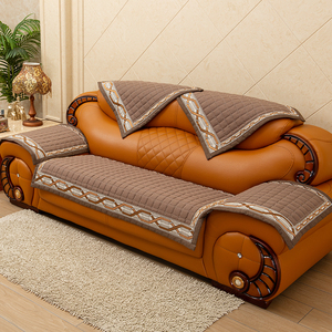 高档奢华中式亚麻四季通用真皮沙发垫三二一宽扶手皮沙发坐垫套罩