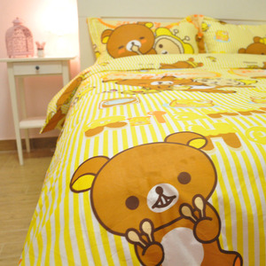 纯棉卡通黄色条纹懒懒熊床单床笠被套四件套可订做