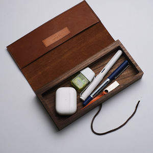 【牧星】手工钢笔盒文具黑胡桃马鞍革皮木可印字定制礼品简约