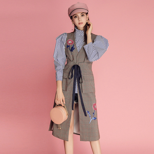 miuco女装2018早秋新款立领羊腿袖条纹衬衫 亮片格纹连衣裙两件套