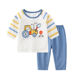 婴儿夏装七分袖长裤提花清凉儿童空调服睡衣男宝宝新生儿两件套装