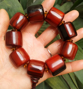 天然西藏牦牛角血红手串 赤红牛角筒珠佛珠手链男士