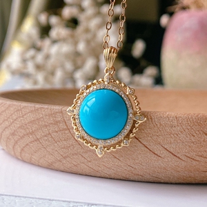 湖北原矿绿松石吊坠18k金镶嵌高瓷精品蛋面女神百搭锁骨项链挂坠