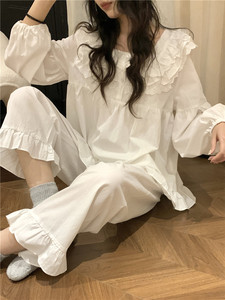 韩国chic公主风纯棉睡衣女款春季长袖长裤蕾丝边宫廷风家居服套装