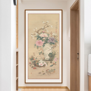 牡丹挂画入户玄关装饰画走廊竖版过道尽头壁画新中式花开富贵国画