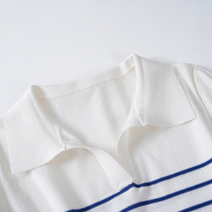 100%全棉 白蓝条纹翻领针织T恤女短袖夏季薄款针织衫上衣 宽松型