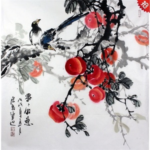 石云轩纯手绘真迹事事如意国画柿子喜鹊新中式客餐厅斗方装饰画