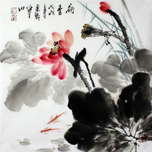 国画荷花小鱼水墨字画石云轩纯手绘写意新中式禅意斗方装饰画