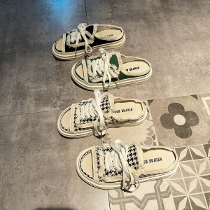 乞丐帆布拖鞋女夏外穿2021新款网红系带毛毛厚底一字拖平底凉拖鞋