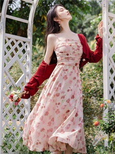 法式少女裙子花裙子粉色碎花吊带开衫连衣裙女高级感两件套新款