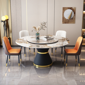 轻奢大理石餐桌椅组合现代简约家用岩板圆桌带转盘圆形小户型歺桌