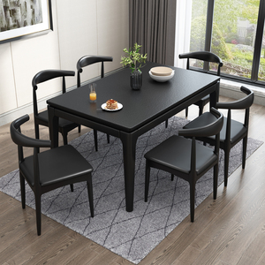 火烧石餐桌椅组合现代简约北欧实木长方形大理石饭桌子家用小户型