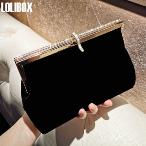 LOLIBOX定制进口丝绒高级镶钻五金女手提包斜跨小包晚宴会手拿包