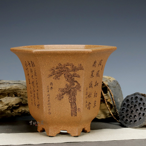 宜兴精品紫砂花盆许成安高档六方金钟兰花盆专用盆五彩段泥中国风