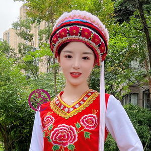 云南大理白族绣花女帽6朵8朵花白族大帽子儿童成人同款白族服配饰