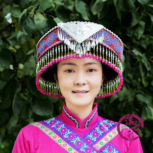 大三角民族帽红色圆盘珠珠帽 傈僳族女帽 民族服装配饰黑色珠珠帽