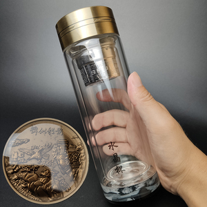 新款铜盖高硼硅双层水晶杯高档龙纹玻璃杯不锈钢茶漏前程似锦水杯