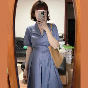 夏季法式简约蓝色短袖连衣裙系带收腰显白气质通勤减龄时尚长裙女