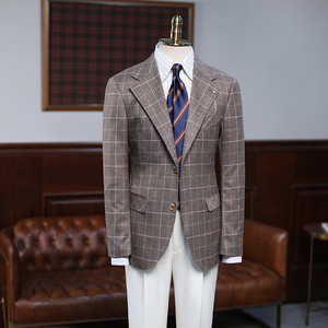 isirhonour意式复古英伦风浅棕色大格子修身西装男宽驳头欧美西服