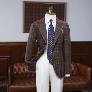 isirhonour高端半里布咖啡色格子修身西装精纺羊毛亚麻混纺西服男