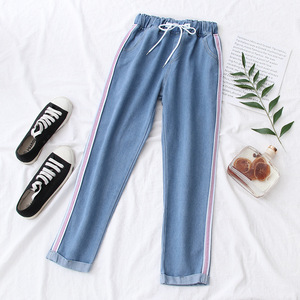 12-13-14-15-16岁大童女装秋装韩版侧边粉条九分牛仔裤中学生裤子