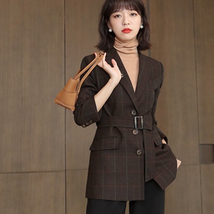 西装外套女腰带格子