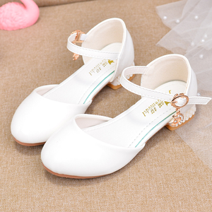 白色女童皮鞋软底小女孩学生时尚演出鞋舞蹈鞋高跟大童儿童公主鞋